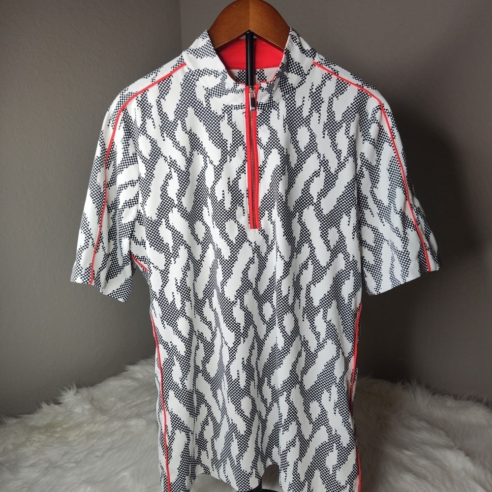 TaIl Quarter Zip Top‎ Women Medium White Black Red Abstract Short Sleeve Piping